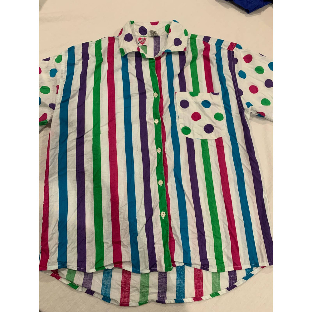 Keren Hart Multicolor Polka Dot Stripe Pocket Button Polo Shirt Sleeve Size M
